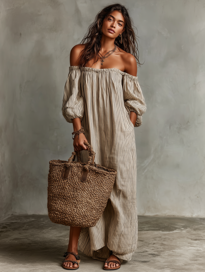 Effortless Beige Striped Linen Maxi Dress for Women with Off Shoulder Balloon Sleeve Flowing Bohemian Style