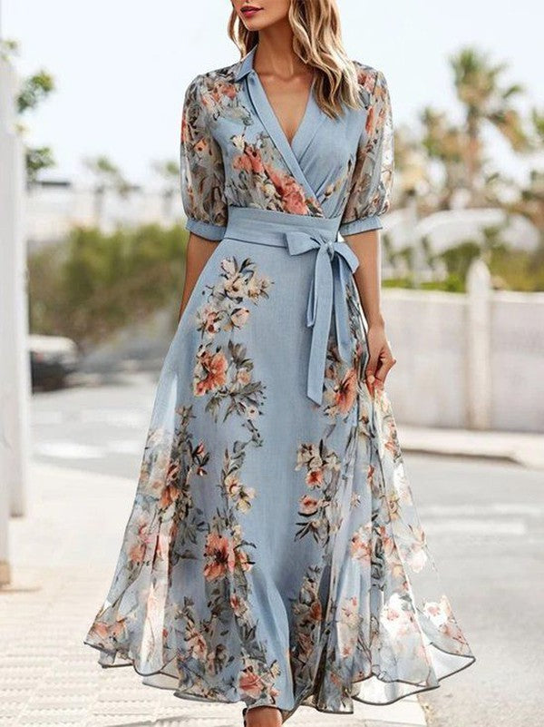 Elegant Blue Floral Maxi Dress for Women with V Neck Elbow Sleeve Wrap Belted Flowing Style