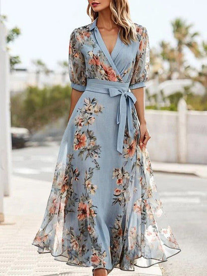 Elegant Blue Floral Maxi Dress for Women with V Neck Elbow Sleeve Wrap Belted Flowing Style