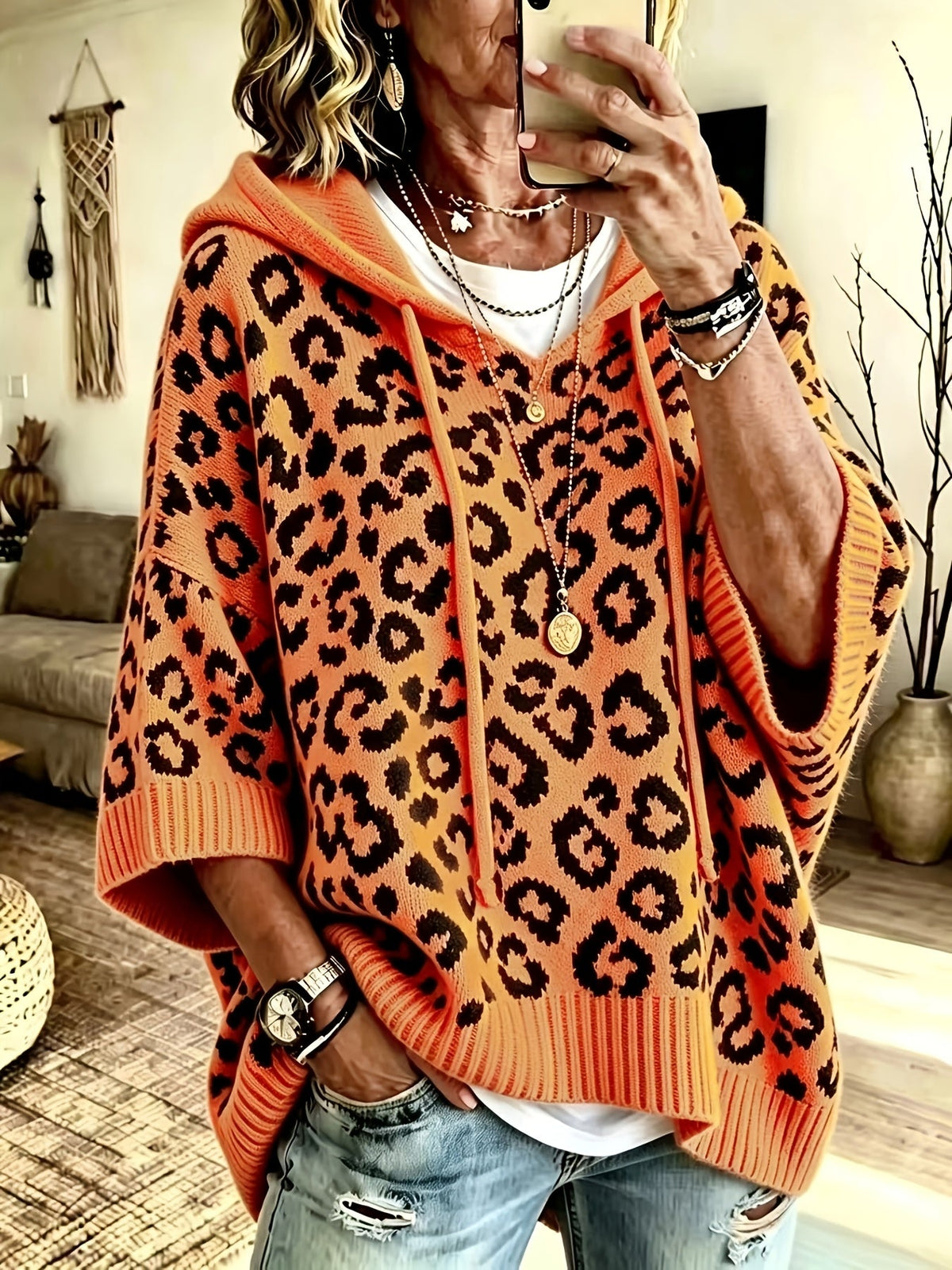 Easy Leopard Print Oversized Hoodie for Women with Hooded Neck Batwing Sleeve Drawstring Knit Style
