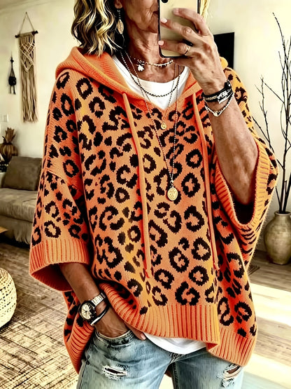 Easy Leopard Print Oversized Hoodie for Women with Hooded Neck Batwing Sleeve Drawstring Knit Style