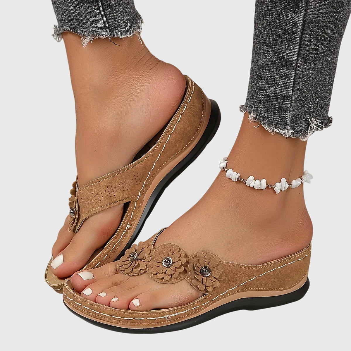 Comfortable Floral Wedge Sandals for Women with Toe Post Strap Cushioned Comfort Style