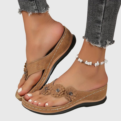 Comfortable Floral Wedge Sandals for Women with Toe Post Strap Cushioned Comfort Style
