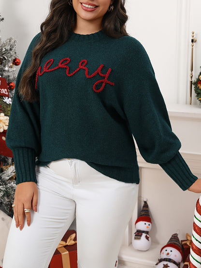 Warm Green Merry Letter Christmas Tacky Sweater for Women with Round Neck Long Sleeve Knit Pullover Festive Style