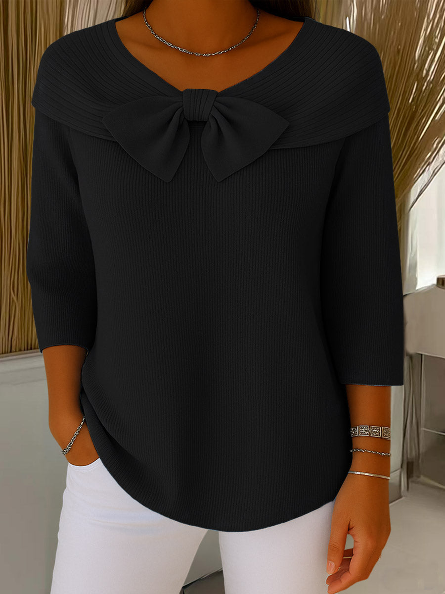 Elegant Bow Collar Sweater for Women with V Neck Elbow Sleeve Ribbed Knit Relaxed Style