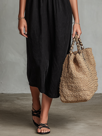 Elegant Black Floral Embroidered Midi Dress for Women with Square Neck Sleeveless Empire Waist Flowing Boho Style