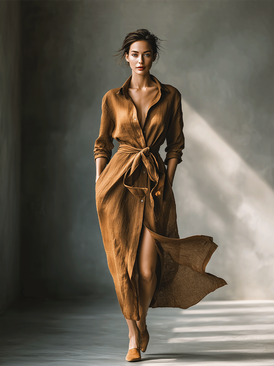 Elegant Brown Linen Shirt Dress for Women with Collar Long Sleeve Tie Waist Flowing Maxi Style