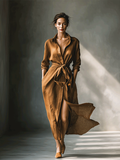Elegant Brown Linen Shirt Dress for Women with Collar Long Sleeve Tie Waist Flowing Maxi Style