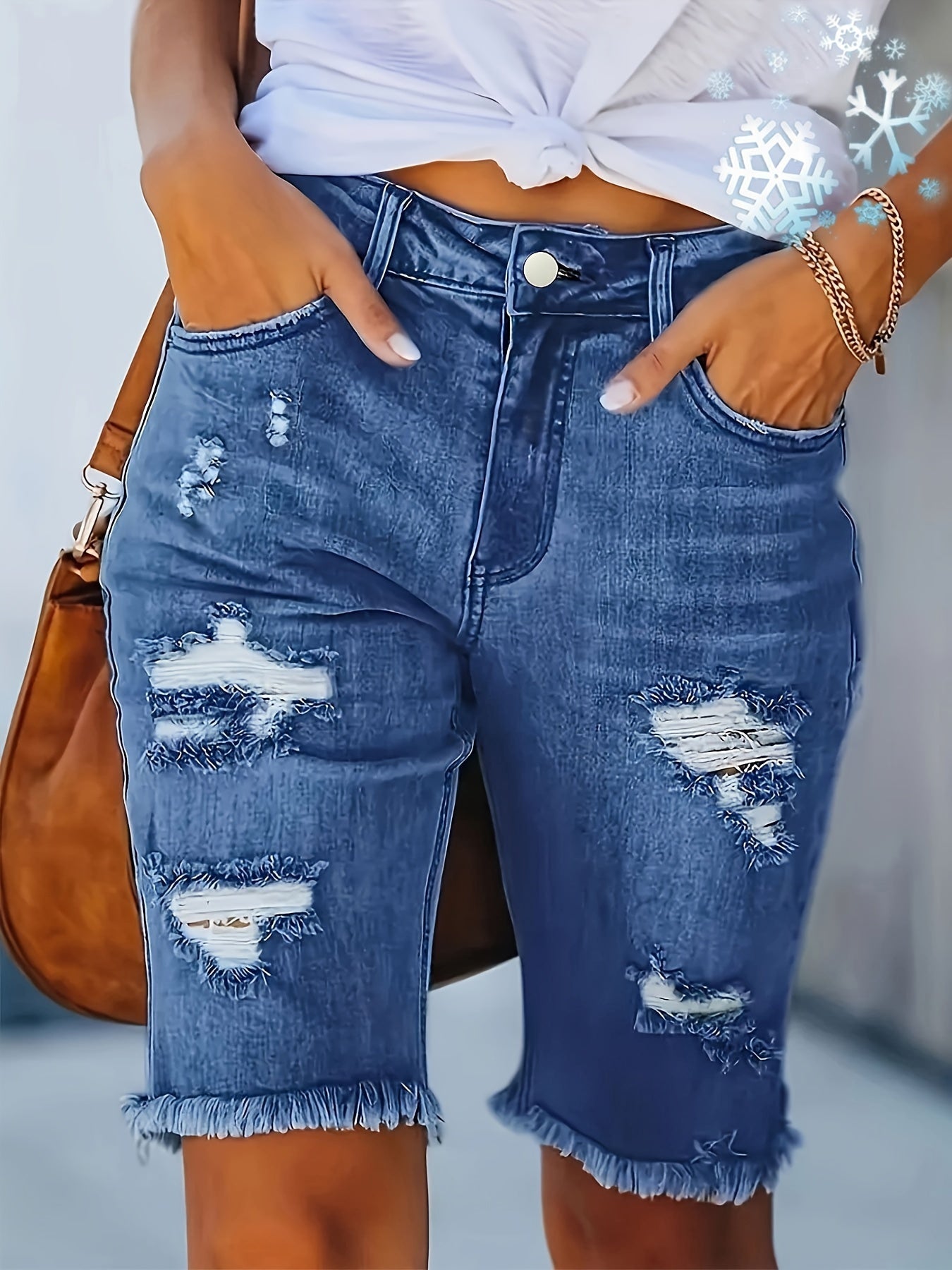 Comfortable Distressed Denim Bermuda Shorts for Women with High Waist Frayed Hem Stretch Casual Style