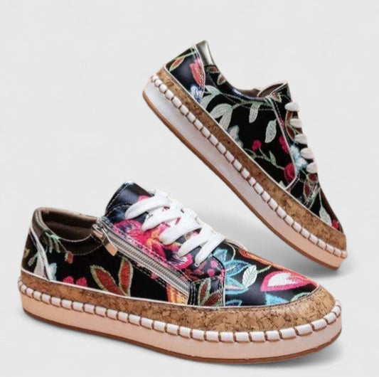 Stylish Floral Embroidered Platform Sneaker for Women with Lace Up Cork Sole Zipper Side Casual Style