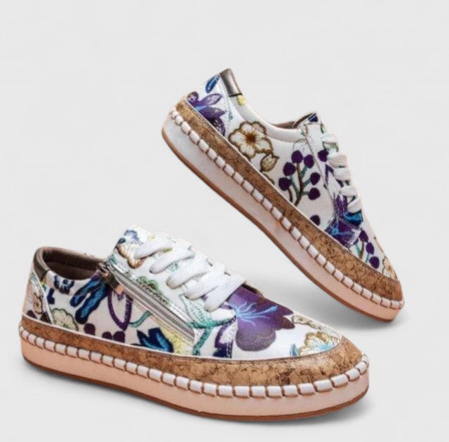 Stylish Floral Embroidered Platform Sneaker for Women with Lace Up Cork Sole Zipper Side Casual Style