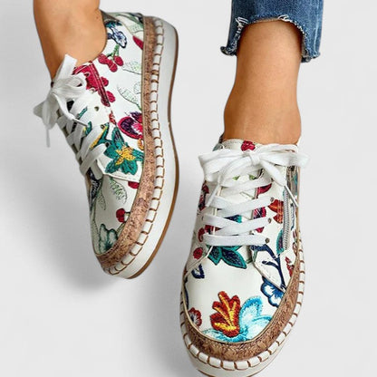 Stylish Floral Embroidered Platform Sneaker for Women with Lace Up Cork Sole Zipper Side Casual Style