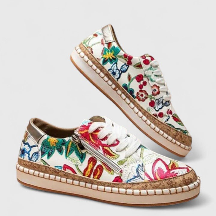 Stylish Floral Embroidered Platform Sneaker for Women with Lace Up Cork Sole Zipper Side Casual Style