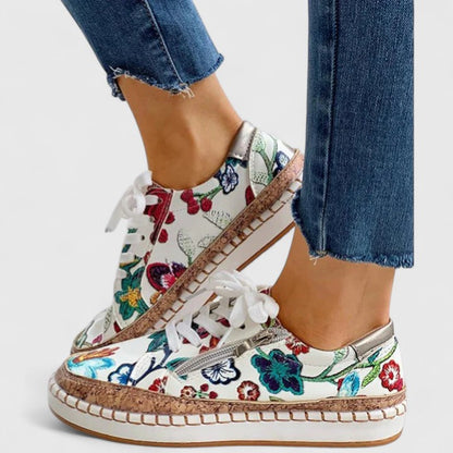 Stylish Floral Embroidered Platform Sneaker for Women with Lace Up Cork Sole Zipper Side Casual Style