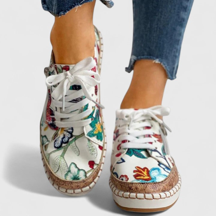 Stylish Floral Embroidered Platform Sneaker for Women with Lace Up Cork Sole Zipper Side Casual Style
