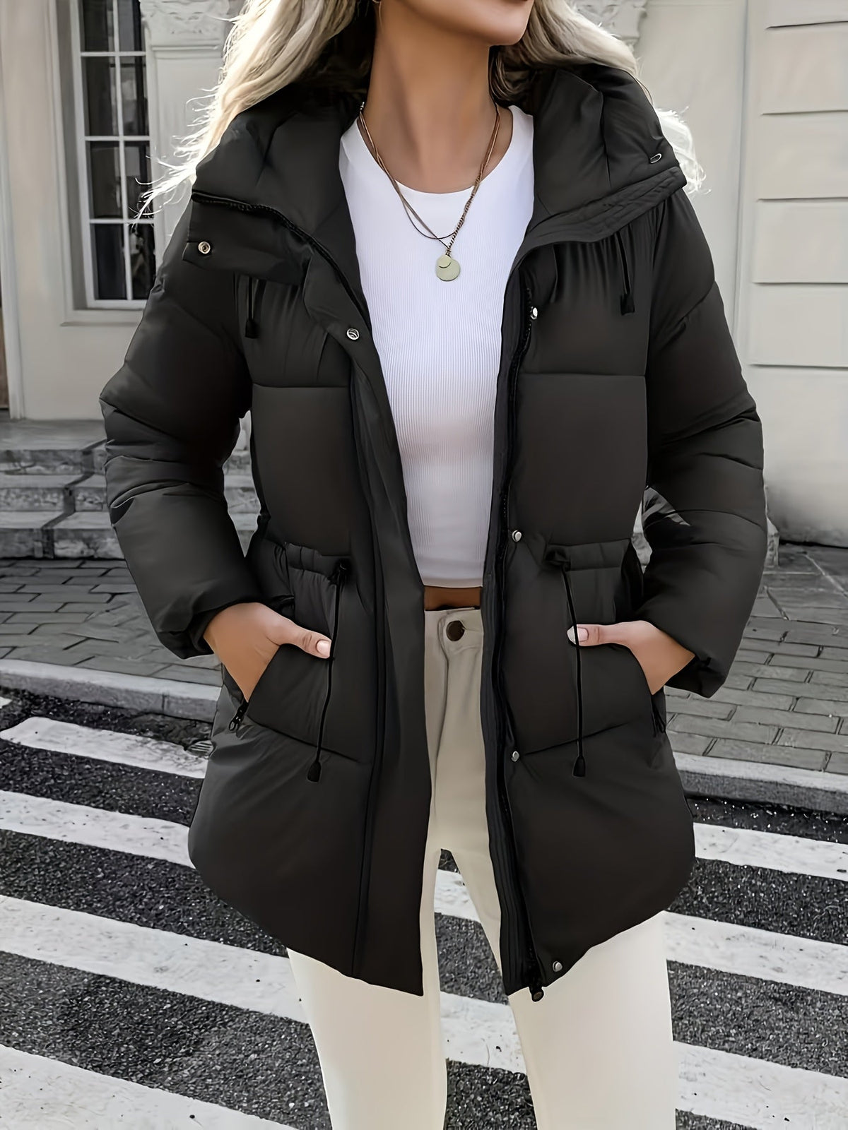 Warm Padded Ski Jacket for Women with Hooded Long Sleeve Elastic Drawstring Zip Pocket Style