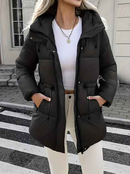 Warm Padded Ski Jacket for Women with Hooded Long Sleeve Elastic Drawstring Zip Pocket Style