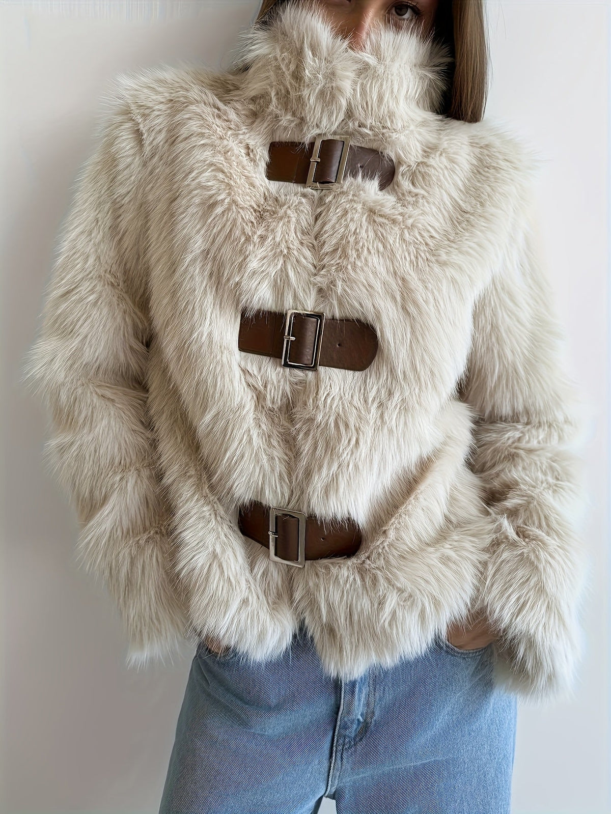Warm Cream Flurry Coat for Women with Buckle Front Shaggy Faux Fur Cropped Soft Cold Weather Style