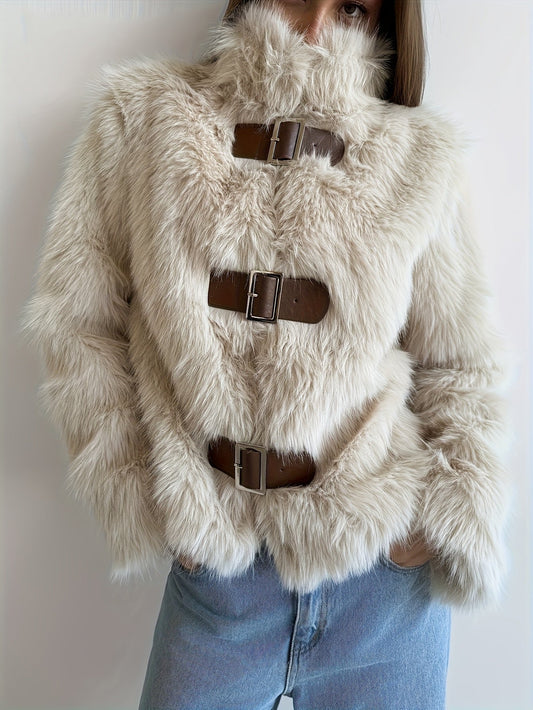 Warm Cream Flurry Coat for Women with Buckle Front Shaggy Faux Fur Cropped Soft Cold Weather Style