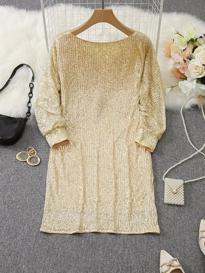 Elegant Sequin Cocktail Dress for Women with One Shoulder Batwing Sleeve Bodycon Sparkle Formal Party Style