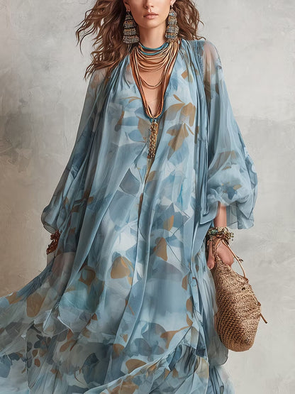 Effortless Blue Floral Maxi Dress for Women with V Neck Bell Sleeve Flowing Bohemian Style