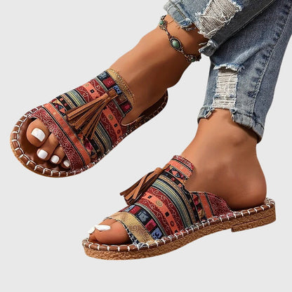 Effortless Tribal Print Toe Ring Sandal for Women with Tassel Flat Boho Style