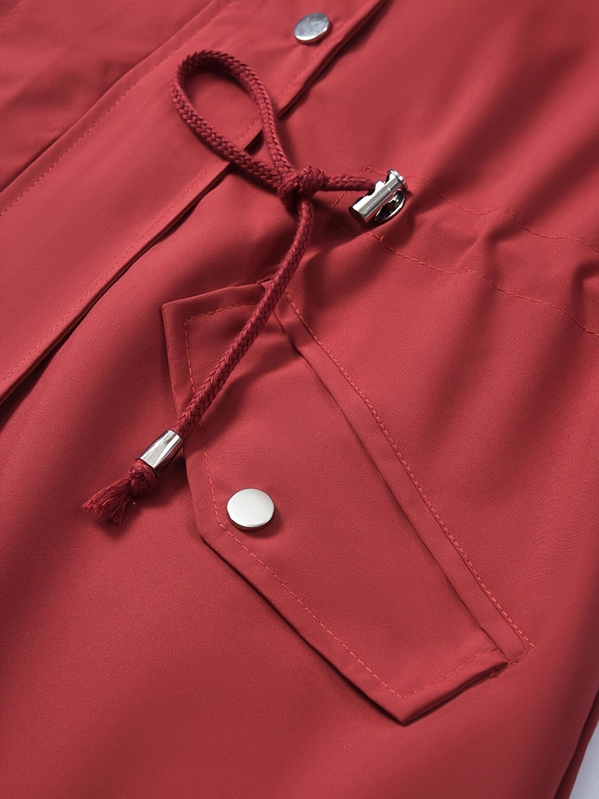 Chic Red Hooded Rainwear Jacket for Women with Plaid Lining Drawstring Waist Front Zip All Weather Style