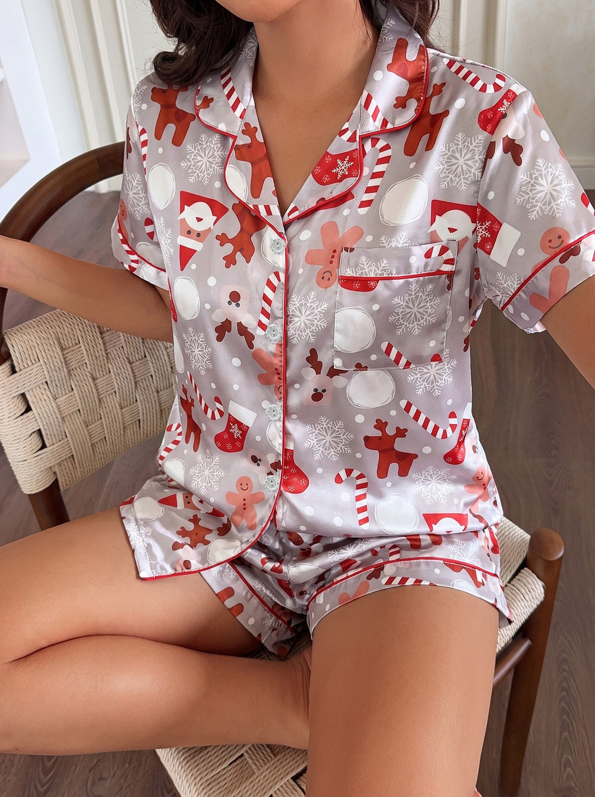 Warm Gray Satin Christmas Pajamas for Women with Notched Collar Short Sleeve Button Down Two Piece Style