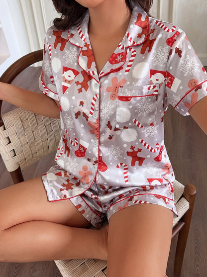 Warm Gray Satin Christmas Pajamas for Women with Notched Collar Short Sleeve Button Down Two Piece Style