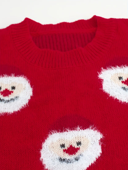 Easy Red Santa Print Christmas Sweater for Women with Crew Neck Long Sleeve Relaxed Fit Knit Style