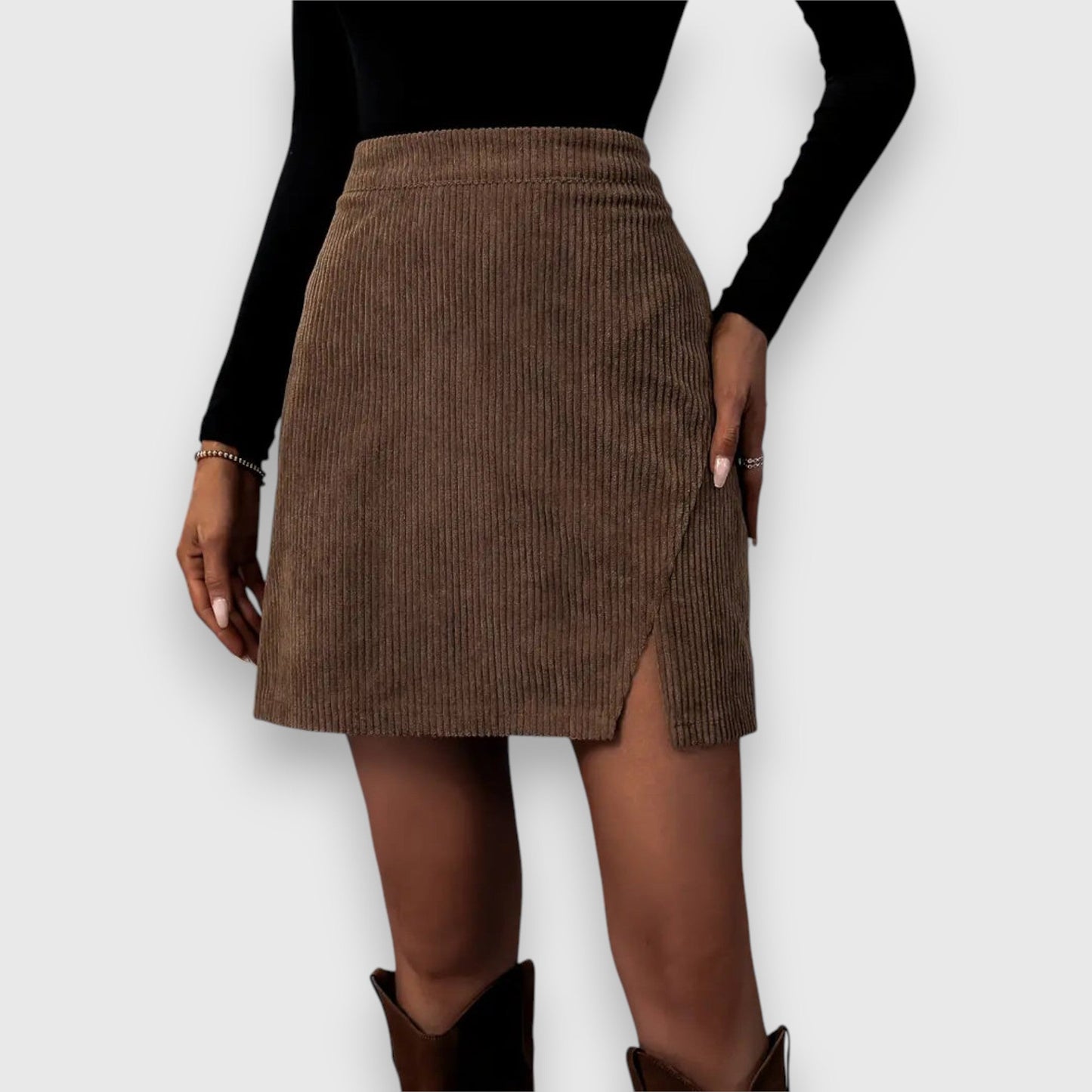 Effortless Brown Corduroy Mini Skirt for Women with High Waist Wrap Front Slit Casual Style