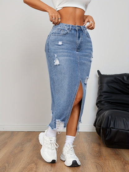 Effortless Medium Blue Denim Midi Skirt for Women with High Waist Front Slit Distressed Frayed Style