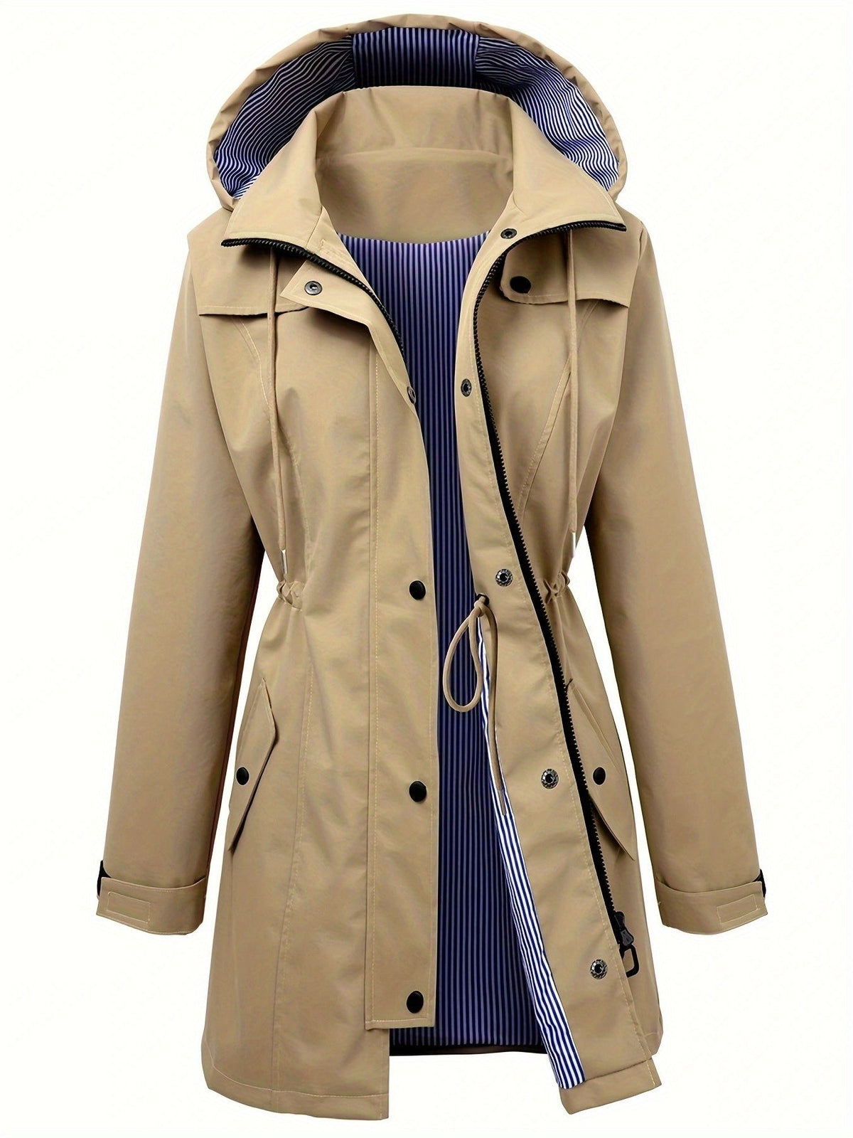 Stylish Hooded Rainwear Jacket for Women with Drawstring Waist Zip Front Long Windbreaker All Weather Style