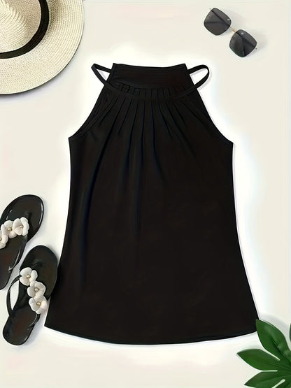 Elegant Satin Halter Top for Women with High Neck Sleeveless Pleated Relaxed Style