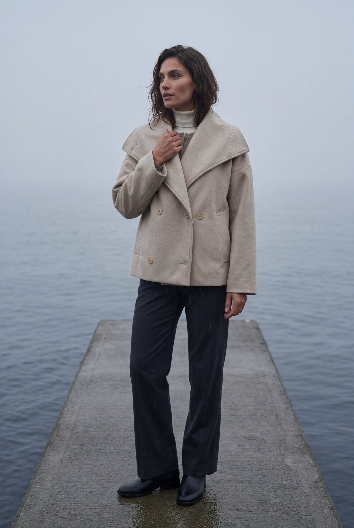 Women's Double Breasted Funnel Collar Pea Coat