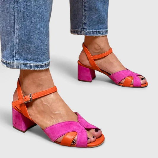 Stylish Pink Suede Sandals for Women with Ankle Strap Crisscross Block Heel Color Block Style