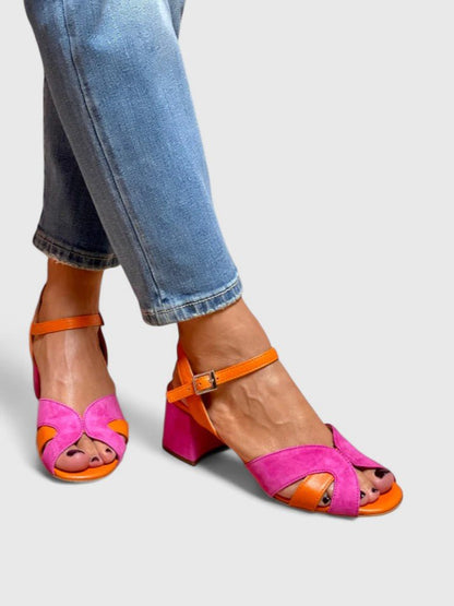 Stylish Pink Suede Sandals for Women with Ankle Strap Crisscross Block Heel Color Block Style