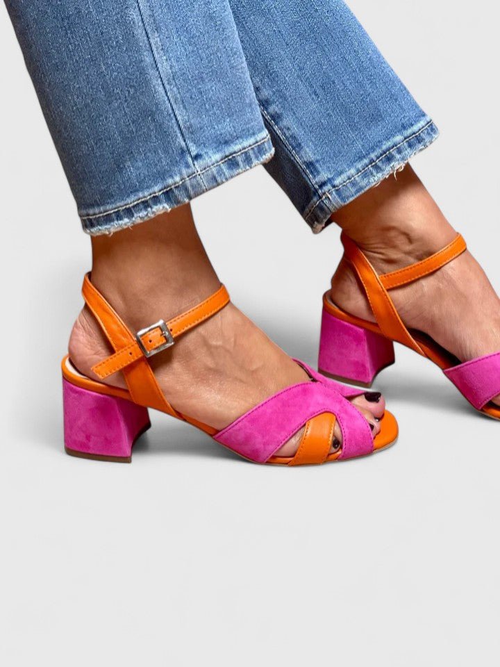 Stylish Pink Suede Sandals for Women with Ankle Strap Crisscross Block Heel Color Block Style