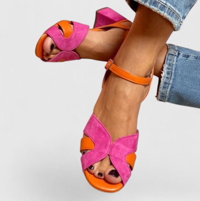 Stylish Pink Suede Sandals for Women with Ankle Strap Crisscross Block Heel Color Block Style