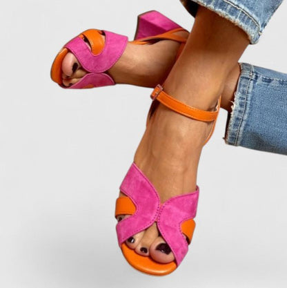 Stylish Pink Suede Sandals for Women with Ankle Strap Crisscross Block Heel Color Block Style