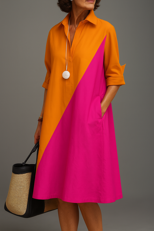 Elegant Orange and Pink Colorblock Shirt Dress for Women with Collar Half Sleeve Midi Length Relaxed Style