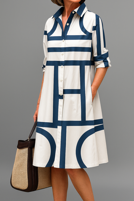 Elegant White Navy Geometric Print Shirt Dress for Women with Collar Long Sleeve Button Front Flowing Midi Style