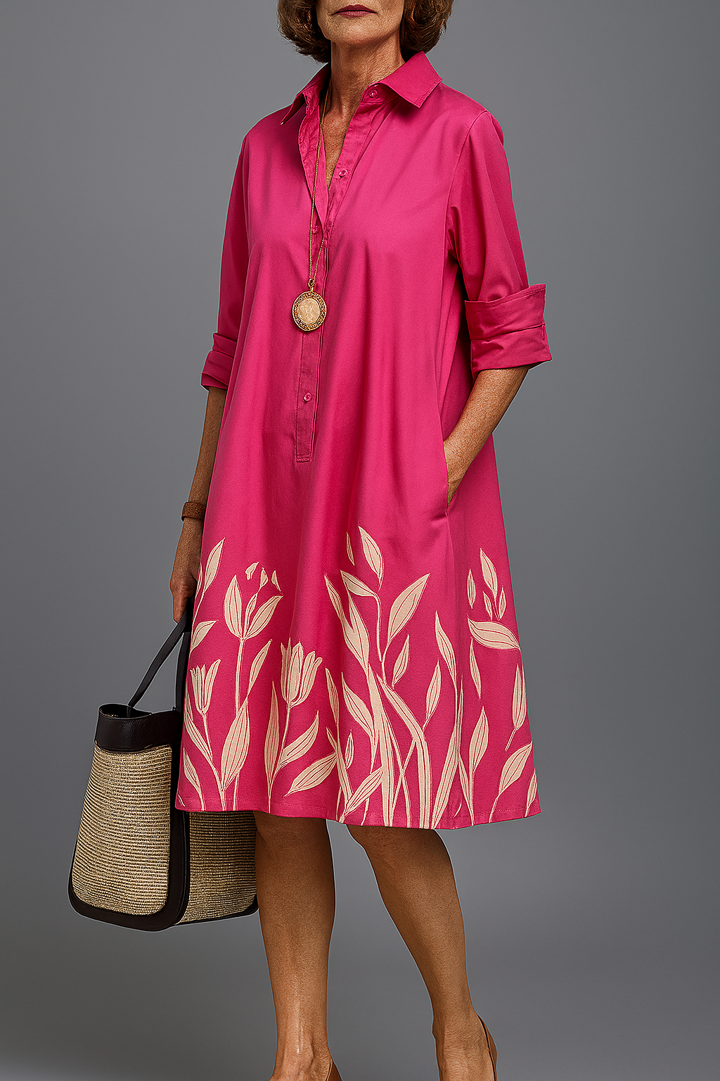 Elegant Pink Floral Shirt Dress for Women with Collar Long Sleeve A Line Midi Style