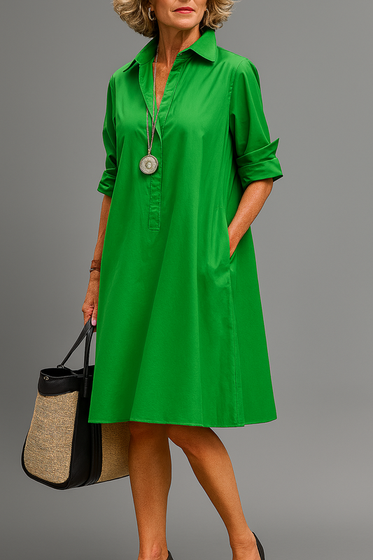 Elegant Green Cotton Shirt Dress for Women with Collared V Neck Elbow Sleeve A Line Swing Style