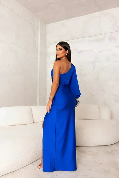 Elegant Satin Maxi Dress for Women with One Shoulder Long Sleeve Twist Knot High Slit Formal Style