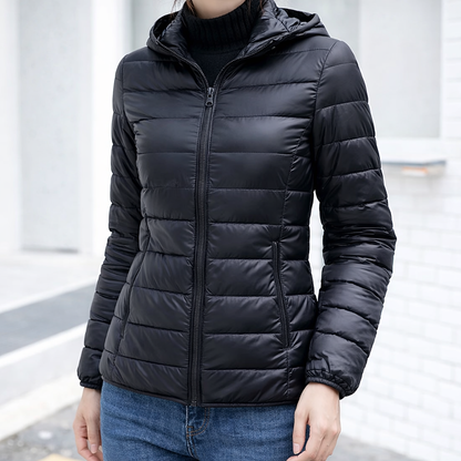 Refined Hooded Puffer Jacket for Women with Front Zip Lightweight Quilted Insulated Packable Cold Weather Style
