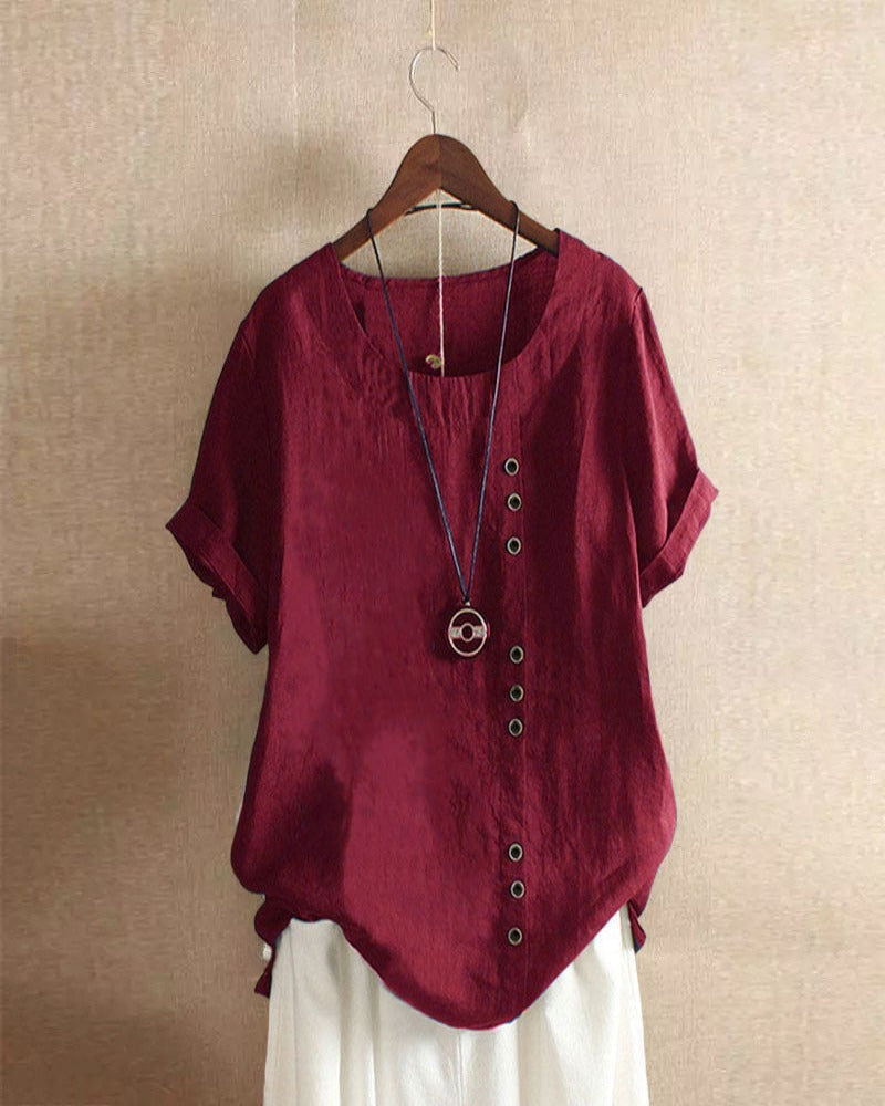 Effortless Linen Blouse for Women with Round Neck Short Sleeve Button Placket Relaxed Style