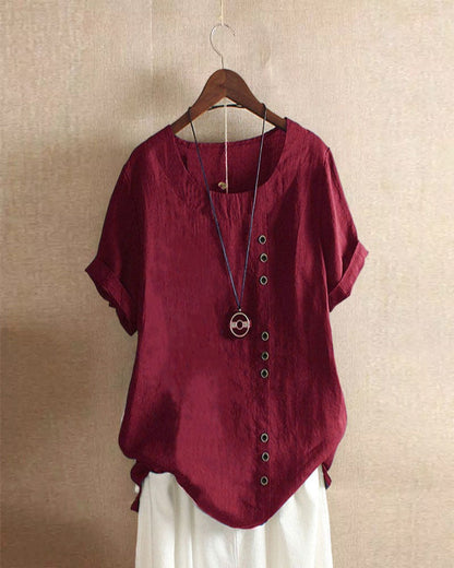 Effortless Linen Blouse for Women with Round Neck Short Sleeve Button Placket Relaxed Style