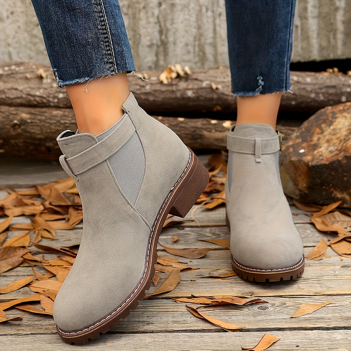Stylish Chelsea Ankle Boots for Women with Buckle Strap Stacked Heel Almond Toe Style