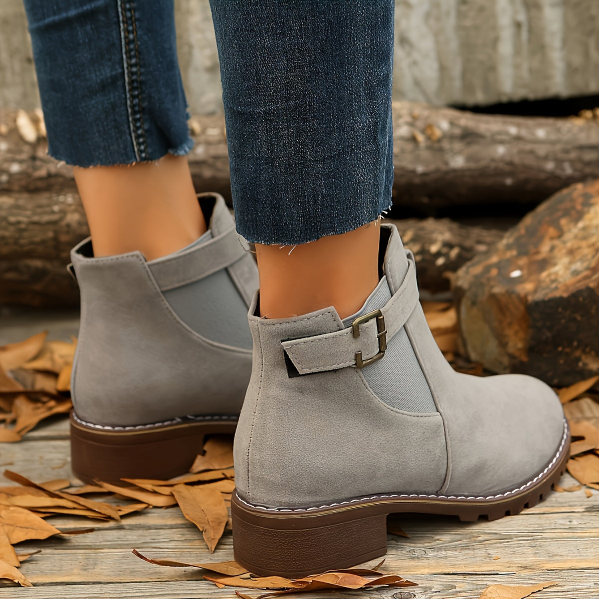 Stylish Chelsea Ankle Boots for Women with Buckle Strap Stacked Heel Almond Toe Style